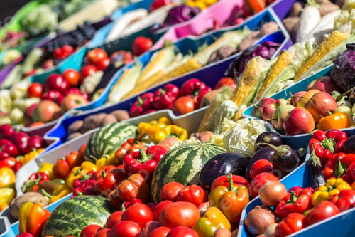 Preview: Farmers fruit market with various colorful fresh fruits and vegetables