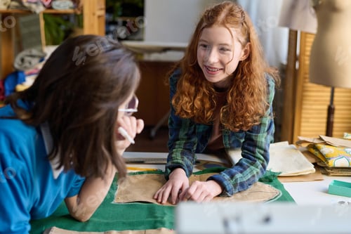 Preview: Red Haired Girl Talking To Friend in Sewing Class in School