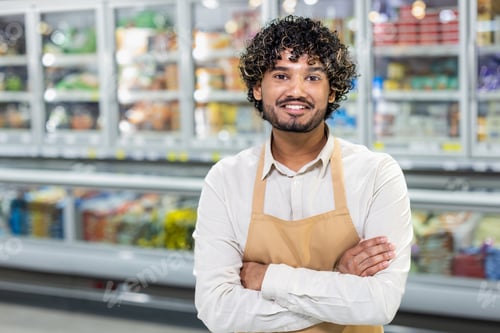Preview: A smiling grocery store employee stands confidently with his arms crossed in a supermarket.