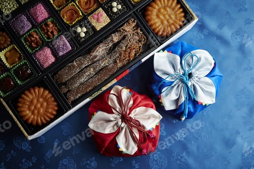 Preview: Top view of a box full of Korean sweets, surrounded by colorfully wrapped gifts