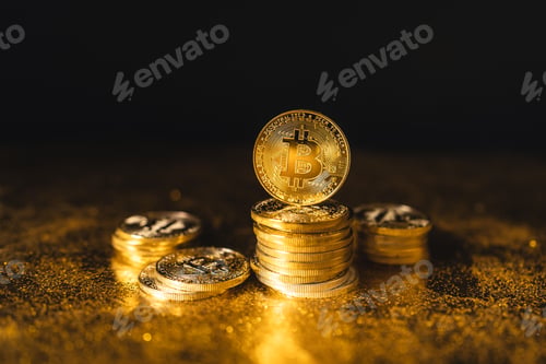 Preview: bitcoin growth,bitcoin coins stacked on black gold background