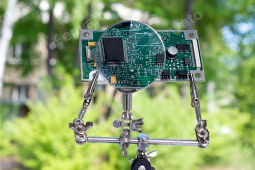 Preview: Electronic board on a stand with a magnifying glass against a background of green trees.