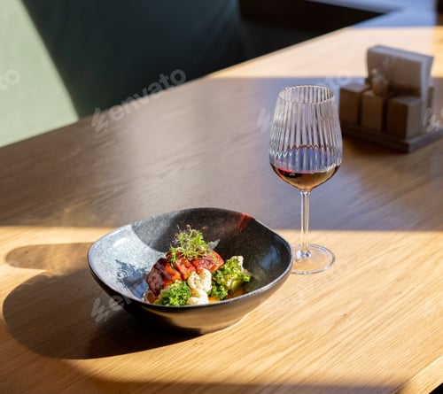 Preview: a close-up shot of a gourmet dish on a grey plate with a wooden table background