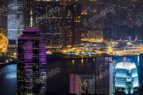 Preview: Night aerial view panorama of Hong Kong skyline