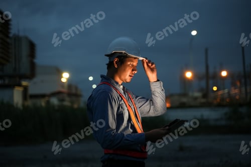 Preview: Plant engineers using digital tablet for work with power plant background at the night time, Close u