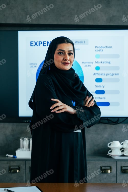 Preview: Arab businesswoman wearing abaya leading corporate presentation showing financial results