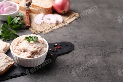 Preview: Delicious lard spread in bowl on grey table. Space for text