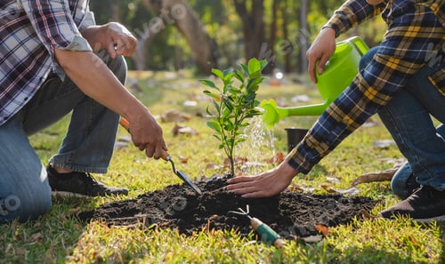 Preview: two men planting a tree and watering the trees to grow green forests reduce air pollution for peace