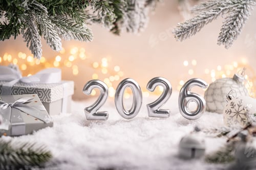 Visualização: Cena prateada de Ano Novo de 2026 com presentes e ornamentos na neve