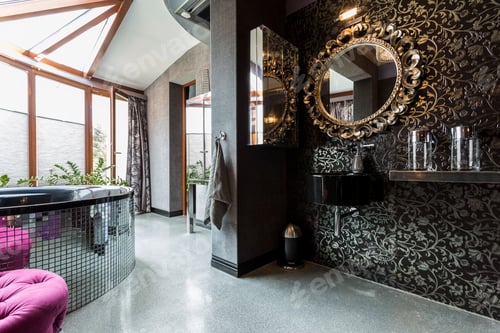 Preview: Futuristic dark bathroom with bathtub