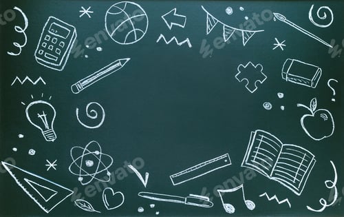 Preview: Blackboard written with chalk with school supplies and copy space