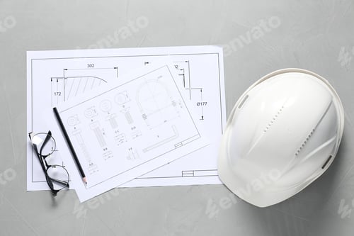 Preview: Different engineering drawings, hard hat, pencil and glasses on grey table, flat lay