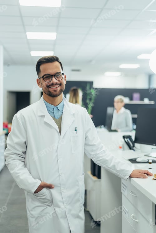 Preview: Portrait of a handsome pharmacist working in a pharmacy