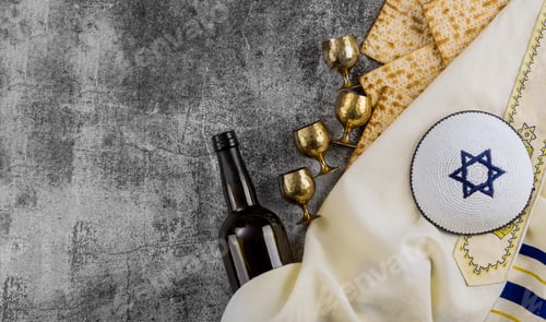 Preview: Matzoh, silver seder plate and kosher four cup wine for jewish passover