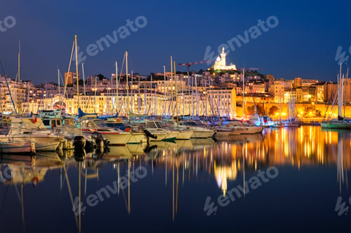 Preview: Marseille Old Port in the night. Marseille, France