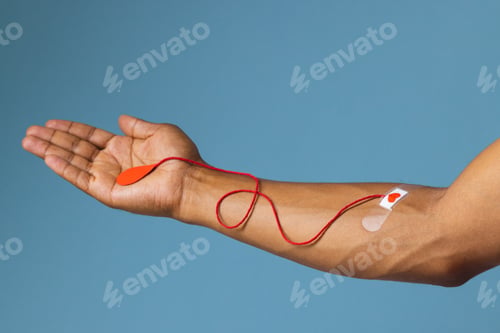 Preview: Arm of biracial man with heart sticking plaster and red string with blood drop, on blue background
