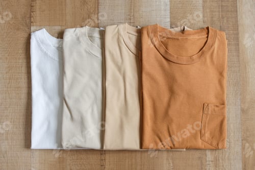 Preview: Place it - Earth Tone Color T-shirt Folded on Wooden Background for Mockup