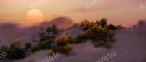 Preview: Colorful Trees on top of Mountain Landscape covered in fog. Sunset. Nature Background.