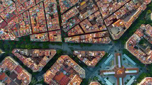 Preview: Aerial view of Barcelona Eixample residential district and old town narrow streets, gothic quarter