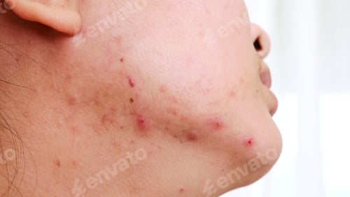 Preview: Young women with problematic skin and pimples on her face.
