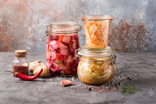 Preview: Fermented Cabbage, Fermented Vegetables in Jars, Kimchi, Fermentation Concept