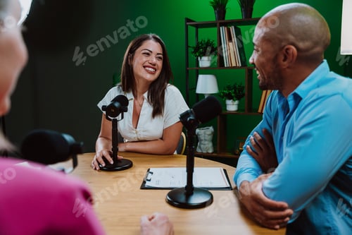 Preview: Group of three diverse hosts having a podcast discussion