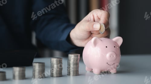 Preview: A businessman holding a coin in a piggy bank. Placing coins in a row from low to high is comparable