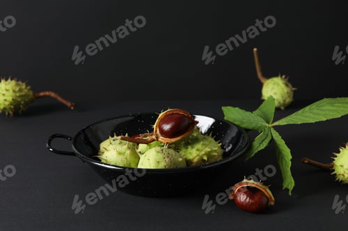 Preview: Green chestnut fruits in a black bowl on a dark background