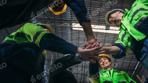 Preview: Team engineers and foreman stack hand and shake hands to show success at factory machines.