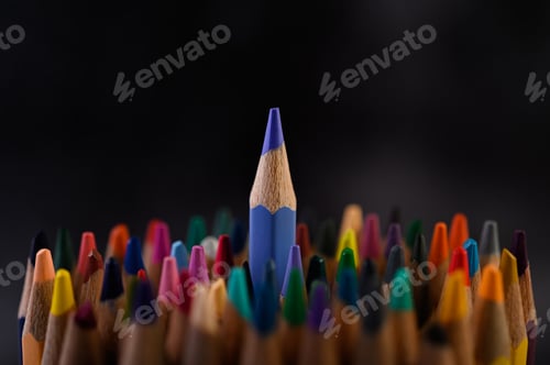 Preview: Closeup with a group of colored pencils, selected focus, blue