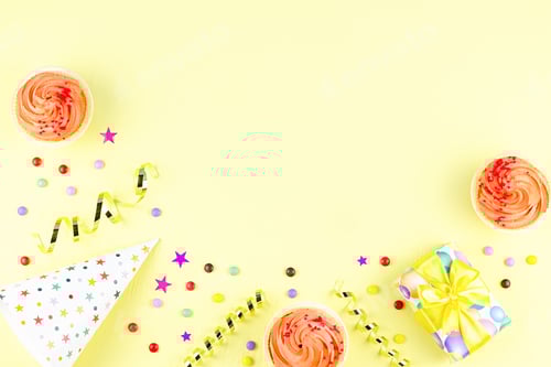 Preview: Birthday party accessories and event supplies background with wrapped gifts, confetti