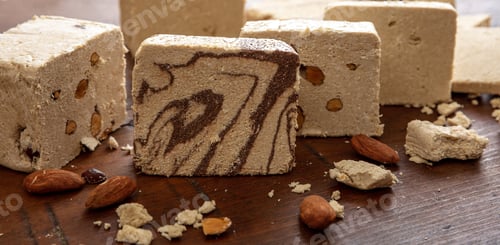 Preview: Halva almond nuts and cocoa slices on wooden table background