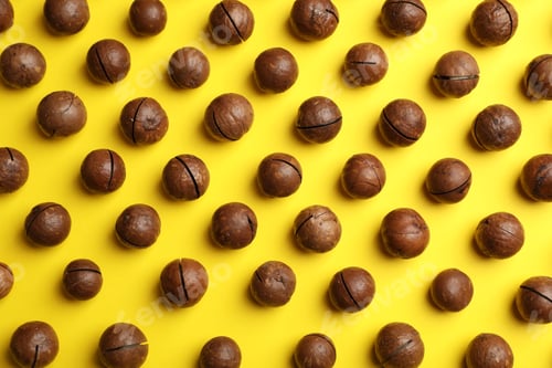 Preview: Flat lay composition with organic Macadamia nuts on color background