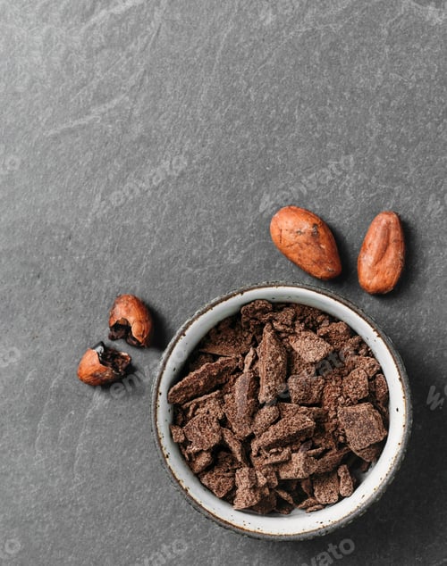 Preview: Flat lay raw fermented. organic cacao beans for chocolate