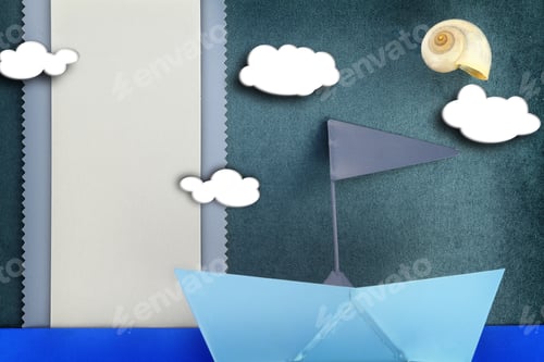 Preview: Blank banner and blue boat on fabric background