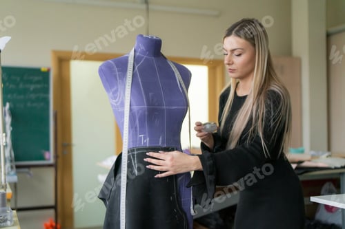 Preview: Student carefully measures fabric around the waist of a mannequin