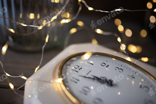 Preview: A view of new year clock before midnight with garland lights.