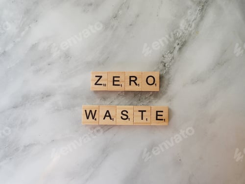 Preview: Zero waste words spelt in wooden tiles on a marble background
