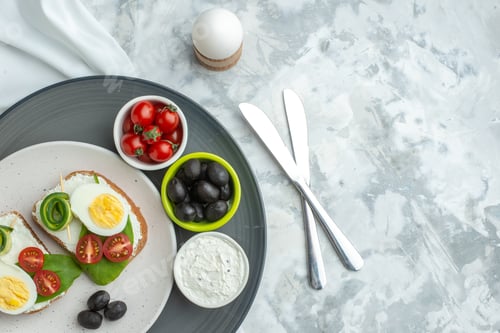 Preview: top view tasty egg sandwiches with olives on white surface sandwich diet food meal lunch bread