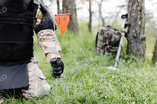 Preview: A man in a military uniform and a bulletproof vest works in the forest to demine the territory