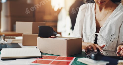 Preview: Shipping, scan and woman with box on tablet for supply chain, distribution and delivery in factory.