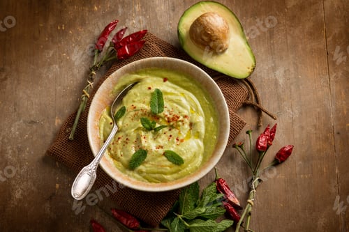 Preview: avocado soup with mint leaf and hot chili pepper