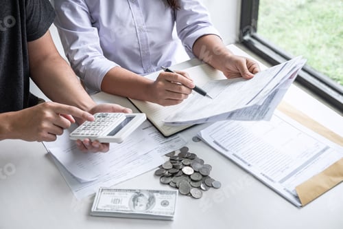 Preview: Images of Husband and wife using calculator to calculating expenditure receipt bills of various