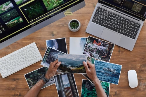 Preview: Travel Photographer Holding Pictures Top View