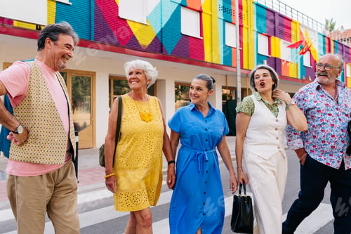 Preview: Group of senior friends meeting outddors in the city and having fun