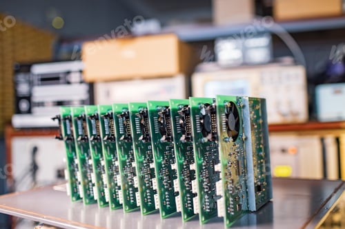 Preview: Close-up electric green embedded microcircuits in production