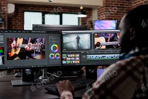 Preview: Professional post production editor doing footage montage and visual improvement.