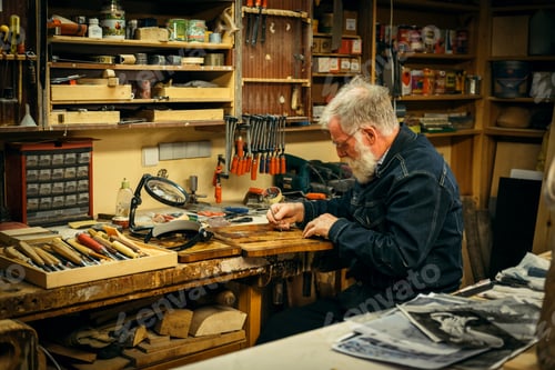 Preview: Senior wood carving professional during work