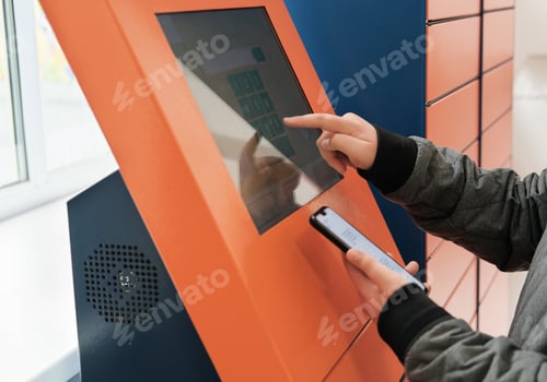 Preview: client using automated self service post terminal machine or locker to receive a parcel