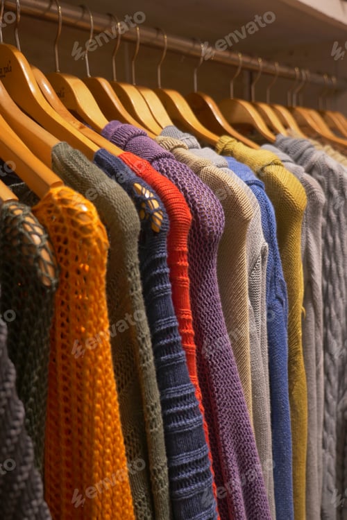 Preview: Colorful sweaters displayed on wooden clothes hangers